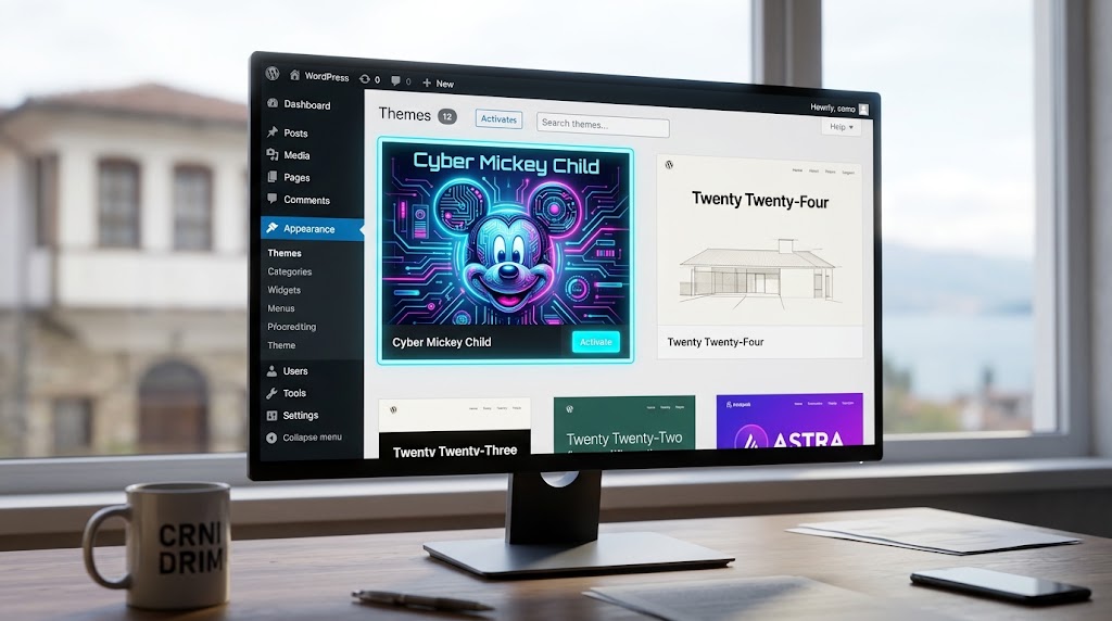 WordPress Dashboard with Cyber Mickey Child theme.