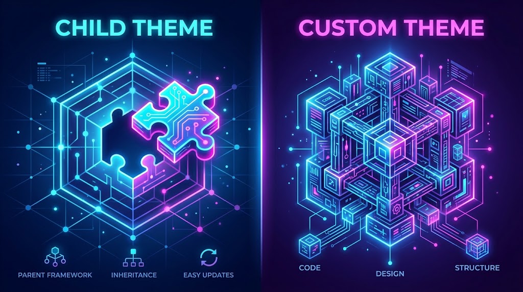 A split-screen neon graphic comparing a "Child Theme," represented by a puzzle piece fitting into a framework, with labels for Parent Framework, Inheritance, and Easy Updates, to a "Custom Theme," represented by a complex structure of cubes, with labels for Code, Design, and Structure.