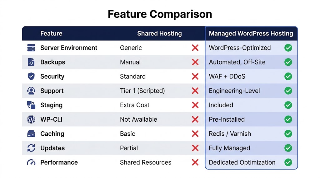 Feature Comparison: Shared vs Managed Hosting.
