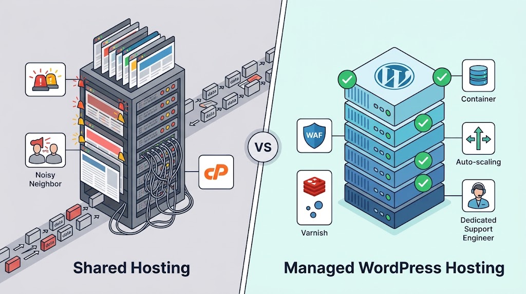 Isometric diagram comparing shared hosting, where multiple sites share one divided server, against managed hosting with isolated containers, a load balancer, edge caching and a WAF layer.