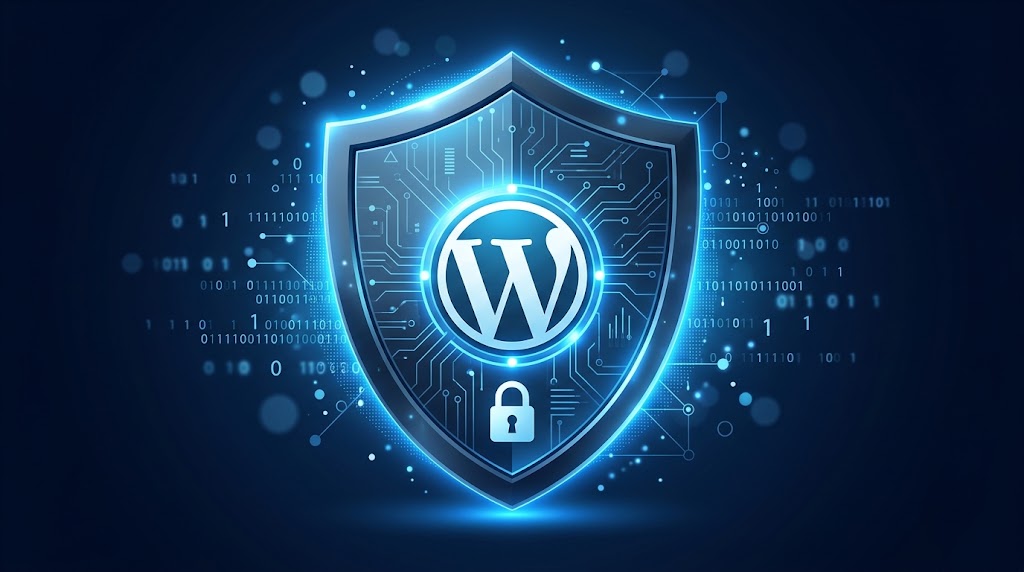 A glowing metallic shield with the WordPress logo and a padlock icon at the center, surrounded by floating binary code and digital network lines on a dark blue background.