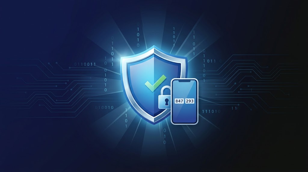 A glowing security shield with a lock and a green checkmark, alongside a smartphone displaying a 6-digit authentication code, set against a background of binary code and circuit lines.