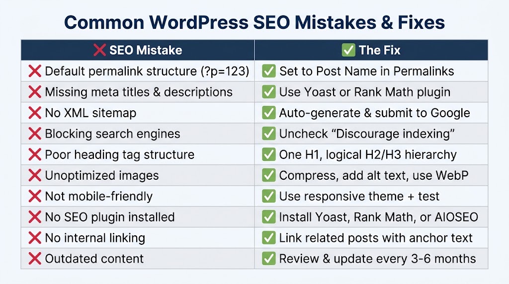 Table comparing 10 common WordPress SEO mistakes with their fixes.