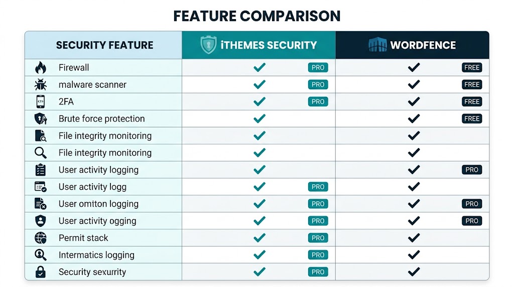Feature comparison table of iThemes Security vs Wordfence.