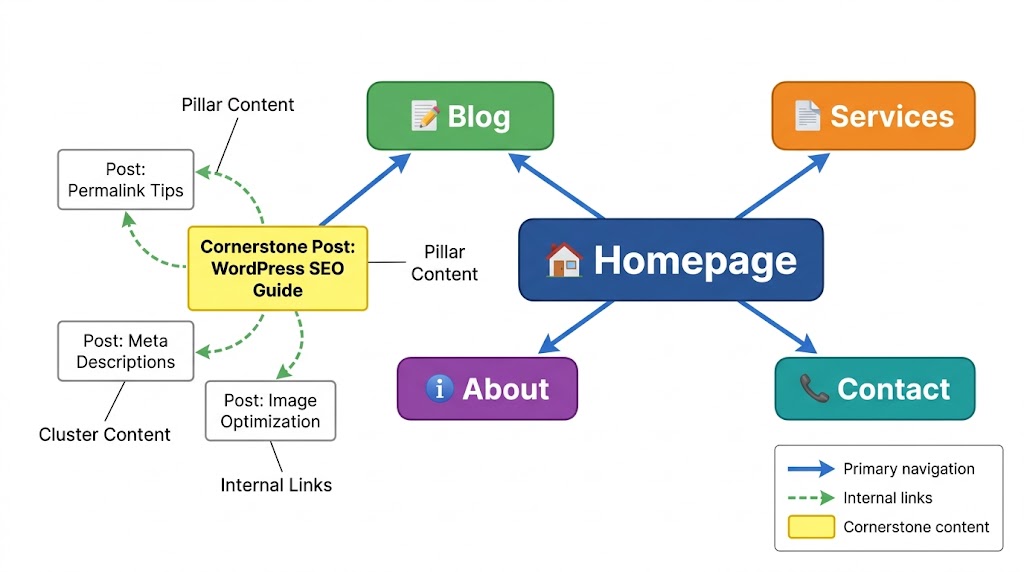 Diagram showing a cornerstone post connected to cluster content through internal links, plus primary navigation.