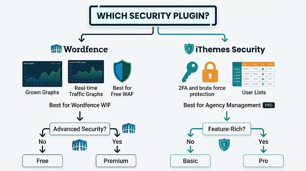 Infographic comparing Wordfence and iThemes Security - Which WordPress security plugin should you choose.