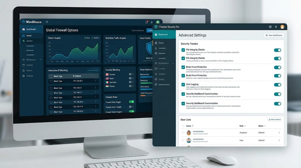 Wordfence Global Firewall Options dashboard next to iThemes Security Pro Advanced Settings dashboard.