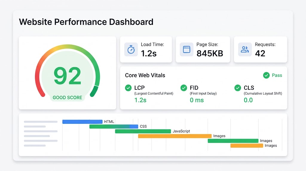 A website performance dashboard showing a score of 92, a load time of 1.2s, and passing Core Web Vitals metrics for LCP, FID, and CLS, with a waterfall chart showing HTML, CSS, JavaScript, and image load times.