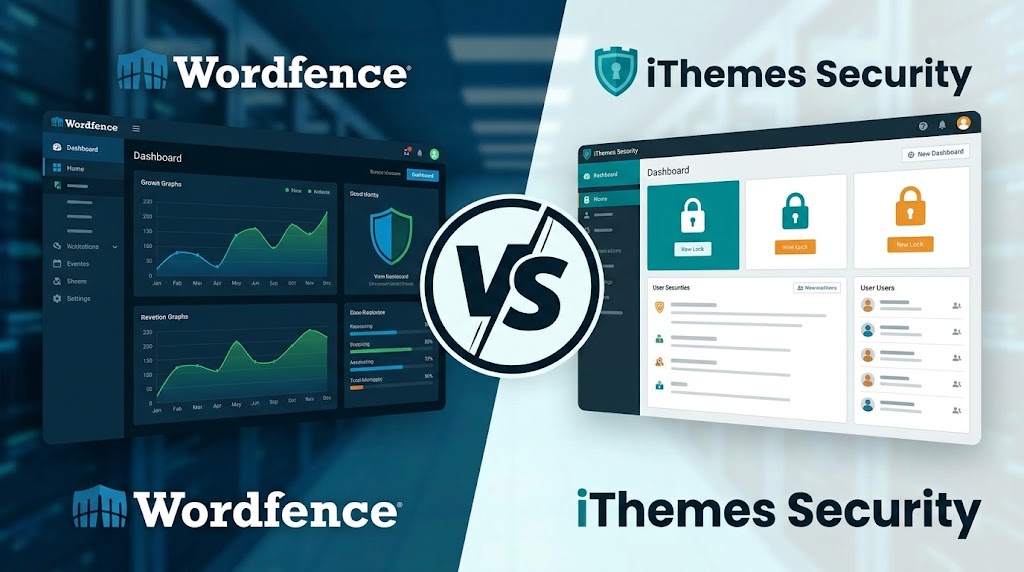 A split-screen comparison showing the dark, graph-heavy dashboard of Wordfence on the left and the light, card-based dashboard of iThemes Security on the right, separated by a large "VS" symbol.