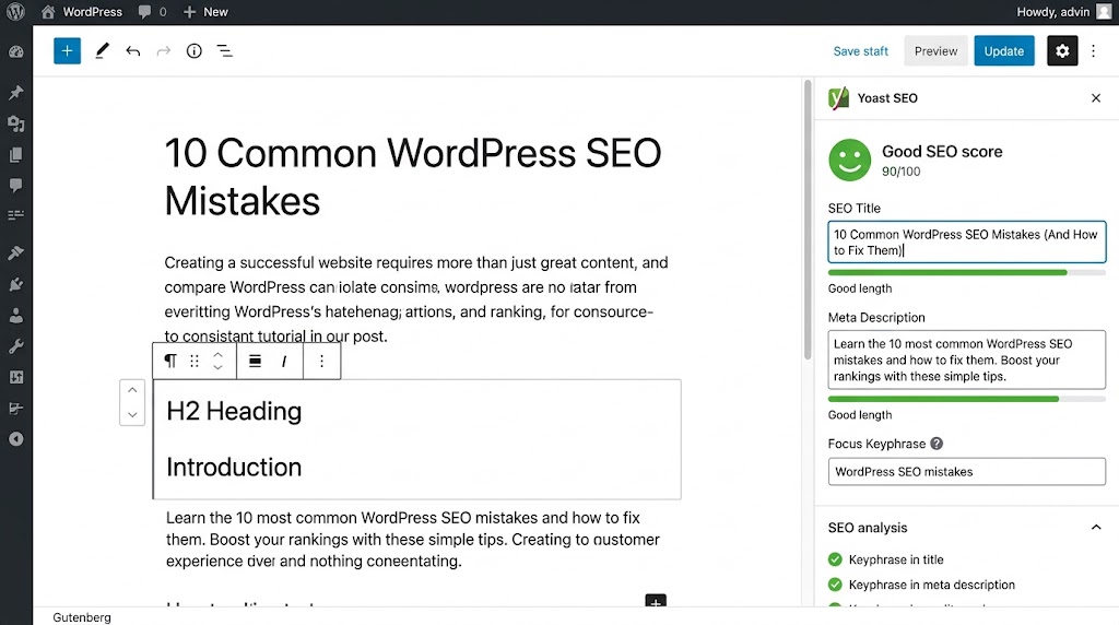Yoast SEO panel in the WordPress block editor showing SEO title, meta description and focus keyphrase.