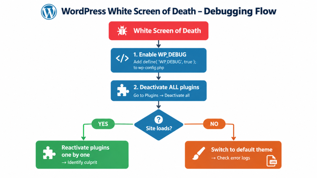 WordPress White Screen of Death – Debugging Flow.