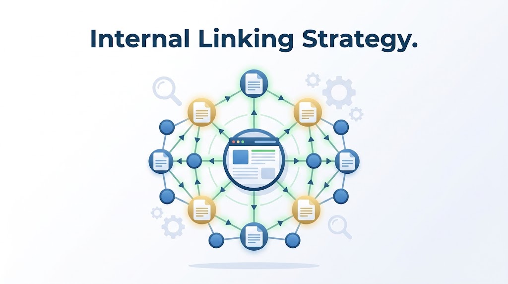 A diagram titled "Internal Linking Strategy" showing a central webpage connected by arrows to a surrounding network of document icons, illustrating how a pillar page links to supporting content.