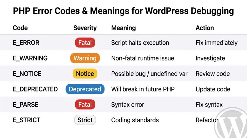 WP_DEBUG output showing an error.