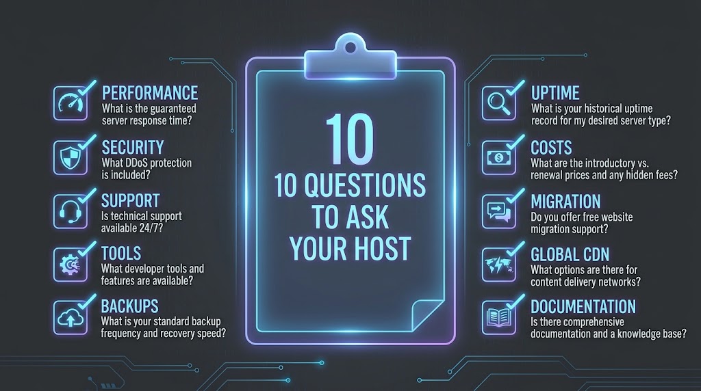 Infographic listing 10 questions to ask a potential WordPress host about performance, security, support, tools, backups, uptime, costs, migration, global CDN and documentation.
