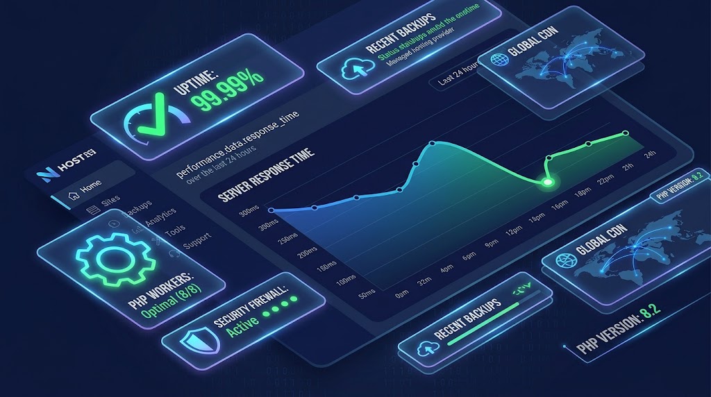 Managed WordPress hosting dashboard showing 99.99% uptime, server response time graph, PHP workers, security firewall, recent backups, global CDN and PHP version 8.2.