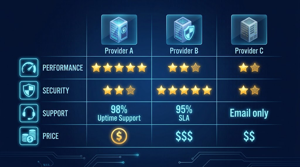 Comparison table of managed WordPress hosting providers rated on performance, security, support and price.