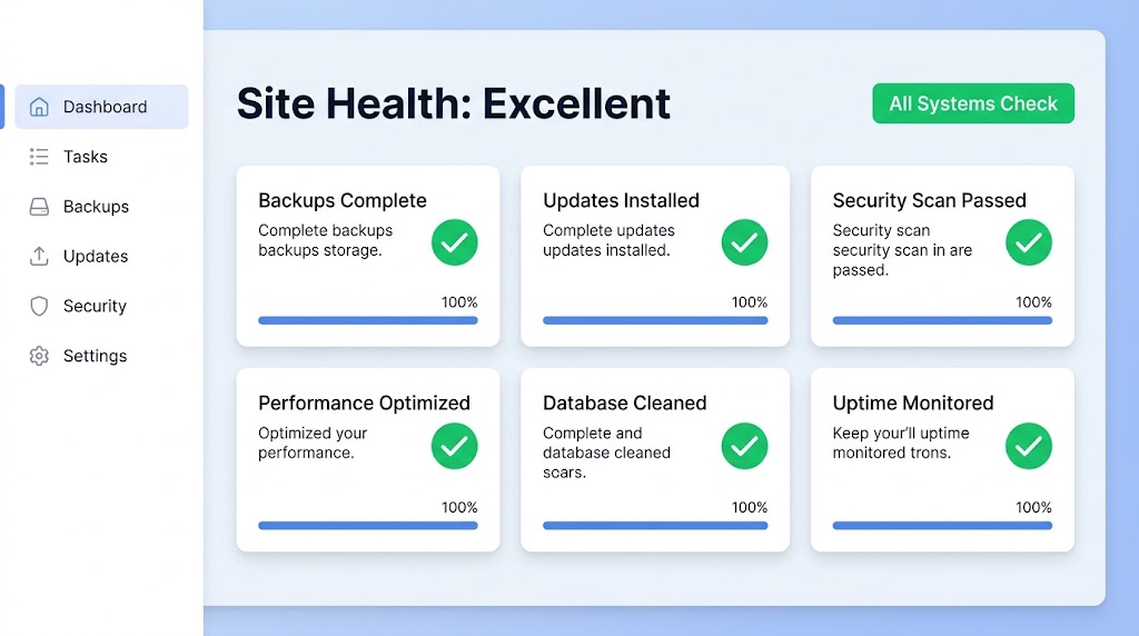 A site health dashboard interface showing a status of "Excellent" with six maintenance cards for backups, updates, security, performance, database, and uptime, each displaying a green checkmark and 100% completion.