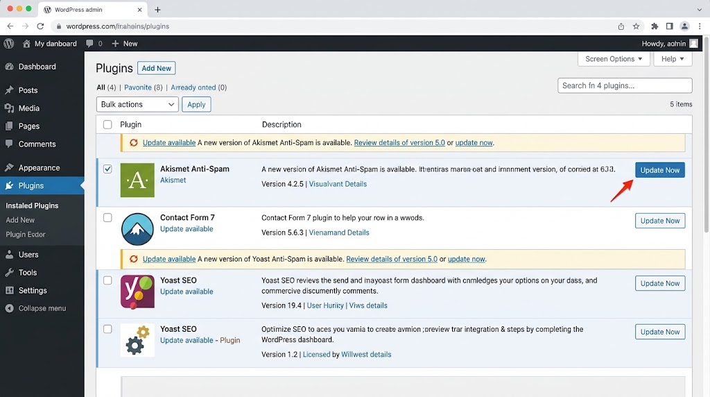 WordPress Plugins Update Screen.