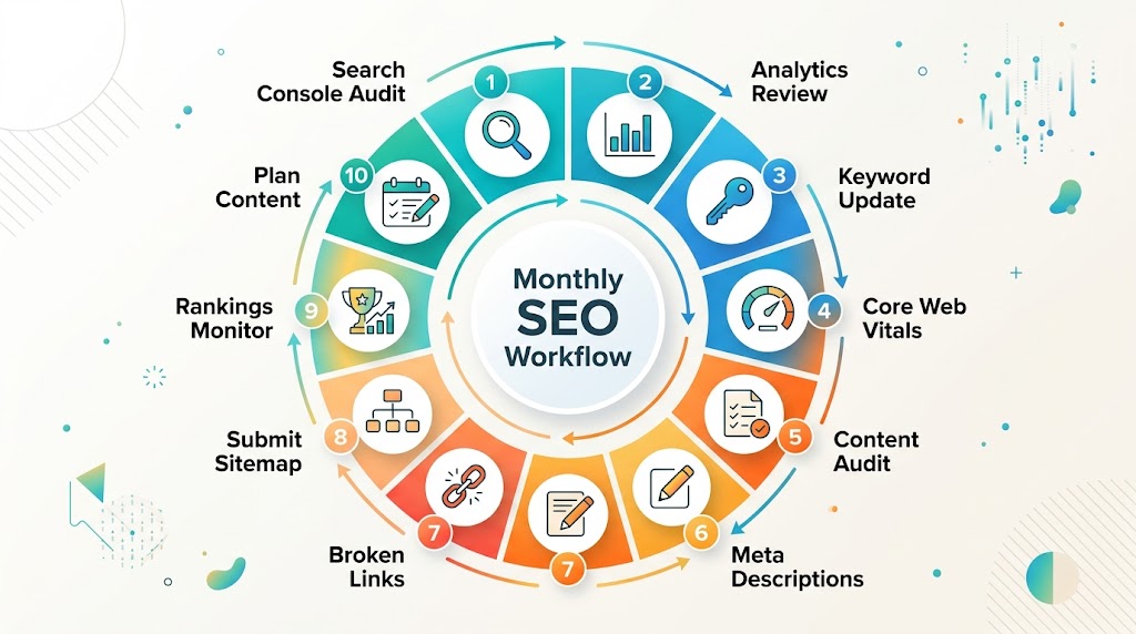 Circular diagram of a 10-step monthly SEO workflow from search console audit to content planning.