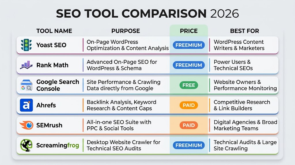 SEO tool comparison table for 2026 showing tool name, purpose, price and best use case.
