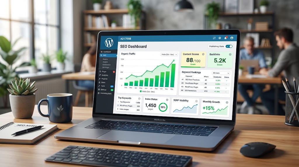A laptop displaying a WordPress SEO dashboard with graphs for organic traffic, a content score of 88/100, 5.2K backlinks, keyword rankings, and site health metrics, sitting on a wooden desk in an office.