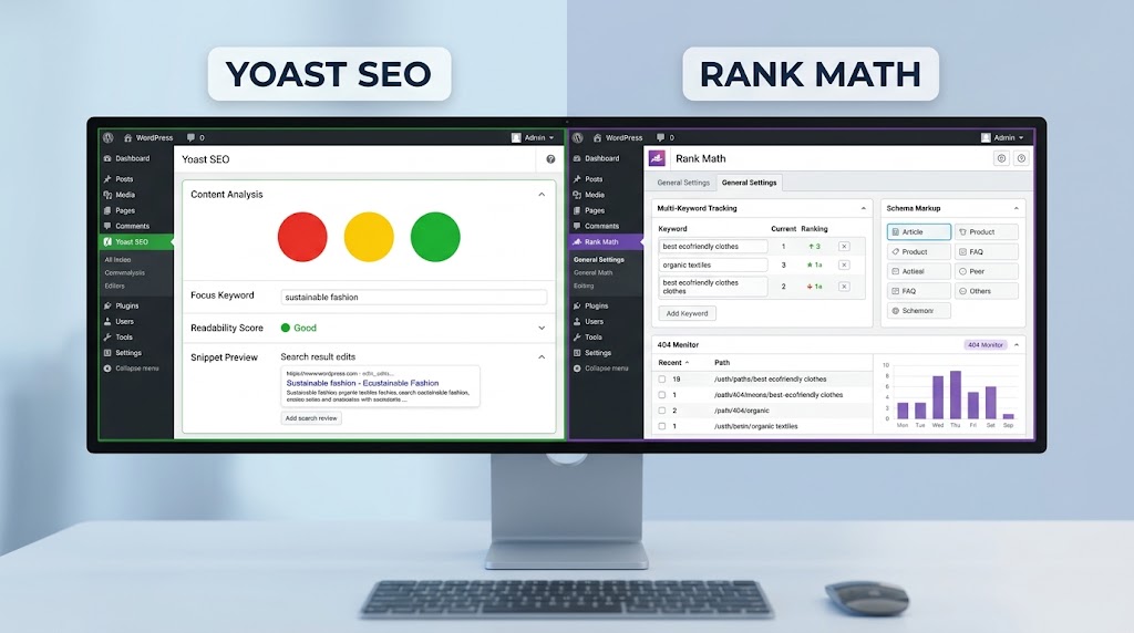 Yoast SEO and Rank Math dashboards side by side on a desktop screen.