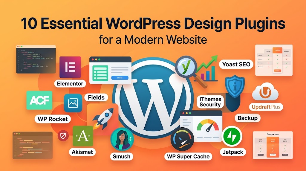 An illustration featuring the WordPress logo surrounded by icons and logos for ten essential design plugins, including Elementor, WP Rocket, Yoast SEO, Wordfence/iThemes Security, UpdraftPlus, and Smush, on an orange background.