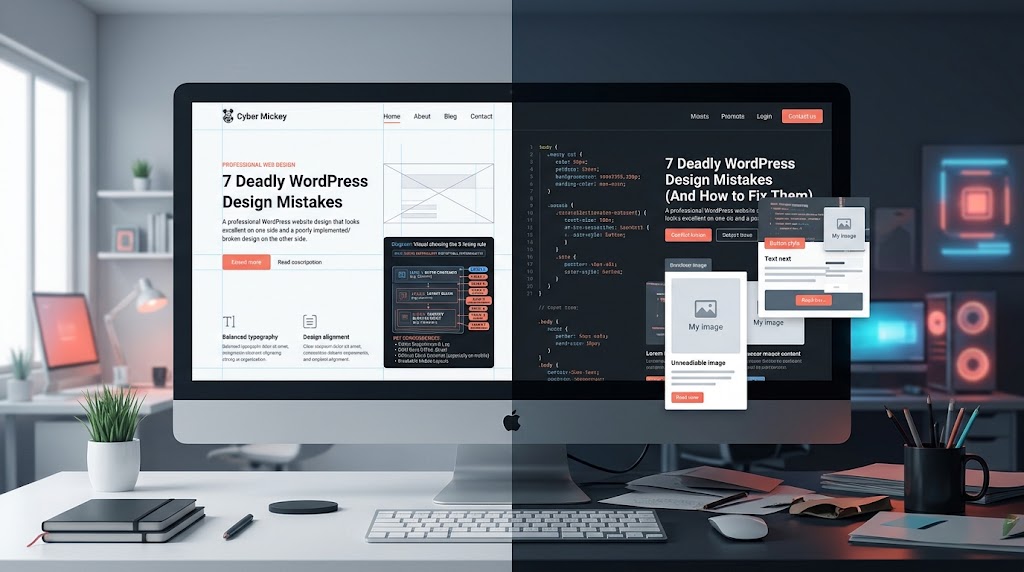 Split-screen showing a well-designed WordPress page vs. a broken one.