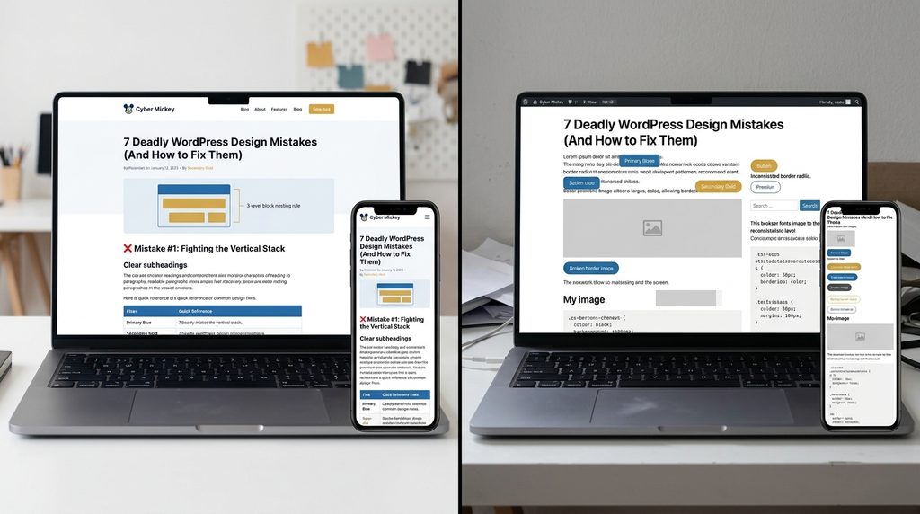 Split-screen showing a well-designed WordPress page vs. a broken one.