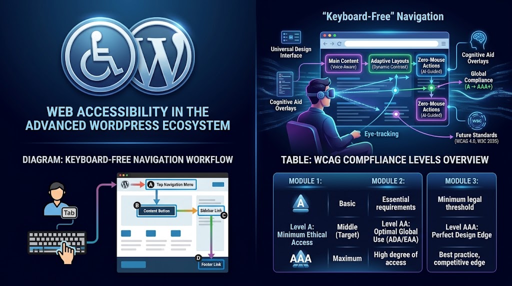 A three-part infographic showing the accessibility and WordPress logos, a diagram of a keyboard navigation workflow with Tab key focus moving through page elements, a futuristic VR interface for keyboard-free navigation, and a table outlining WCAG Level A, AA, and AAA compliance modules.