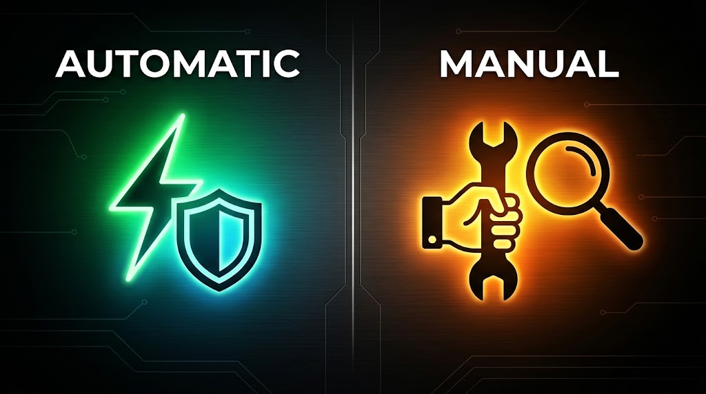 Automatic vs Manual Updates - Lightning bolt and shield vs wrench and magnifying glass.
