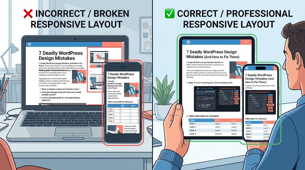 Before and after comparison of a responsive WordPress layout.