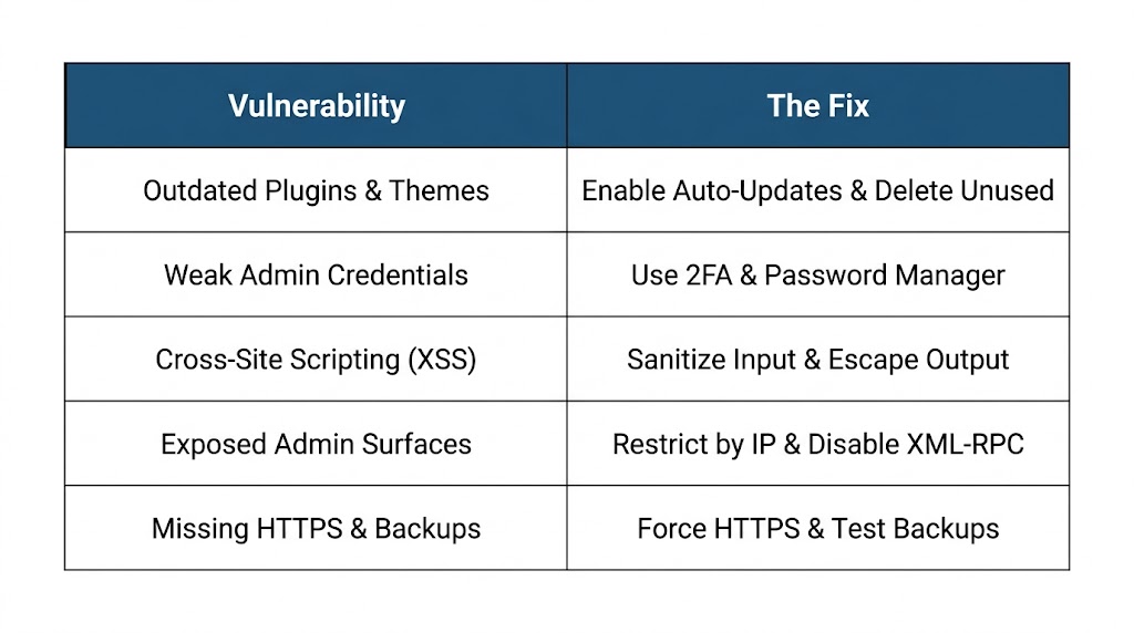 WordPress Vulnerabilities and Fixes Table.