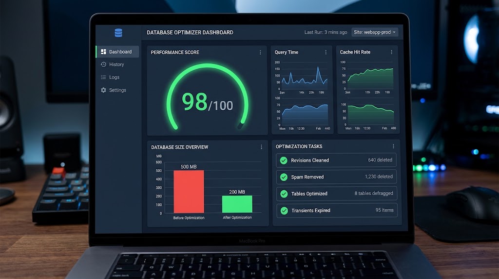A laptop screen displaying a database optimization dashboard with a performance score of 98/100, query time and cache hit rate graphs, a size reduction chart from 500 MB to 200 MB, and a list of completed optimization tasks like cleaning revisions and removing spam.