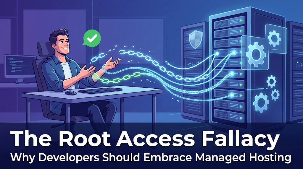 A smiling developer at a desk with a green checkmark above his head, connected by glowing light streams to a secure server rack with gear and shield icons, with the title "The Root Access Fallacy" at the bottom.