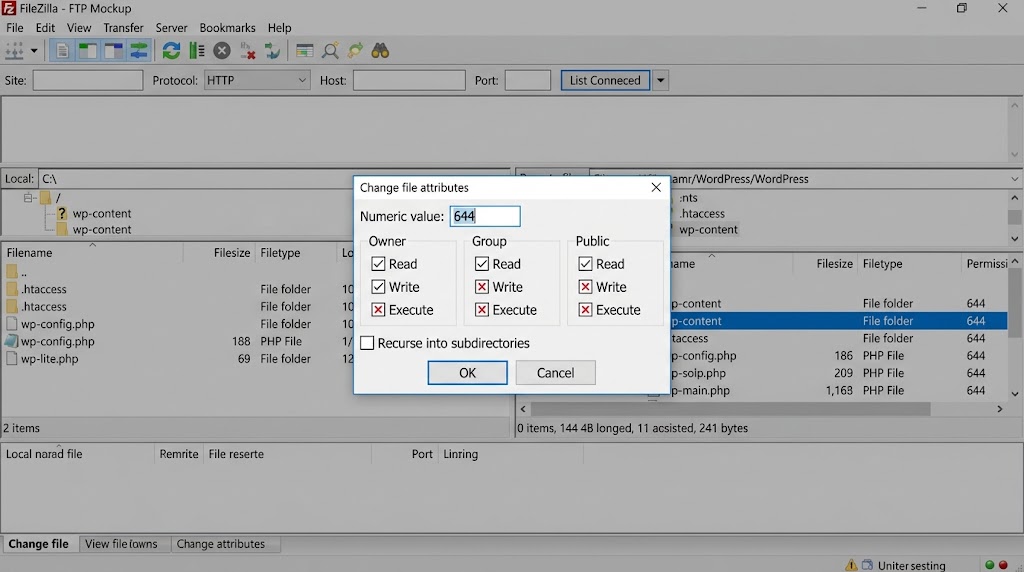 FileZilla Change file attributes dialog showing numeric value 644 for WordPress files and the Recurse into subdirectories option.