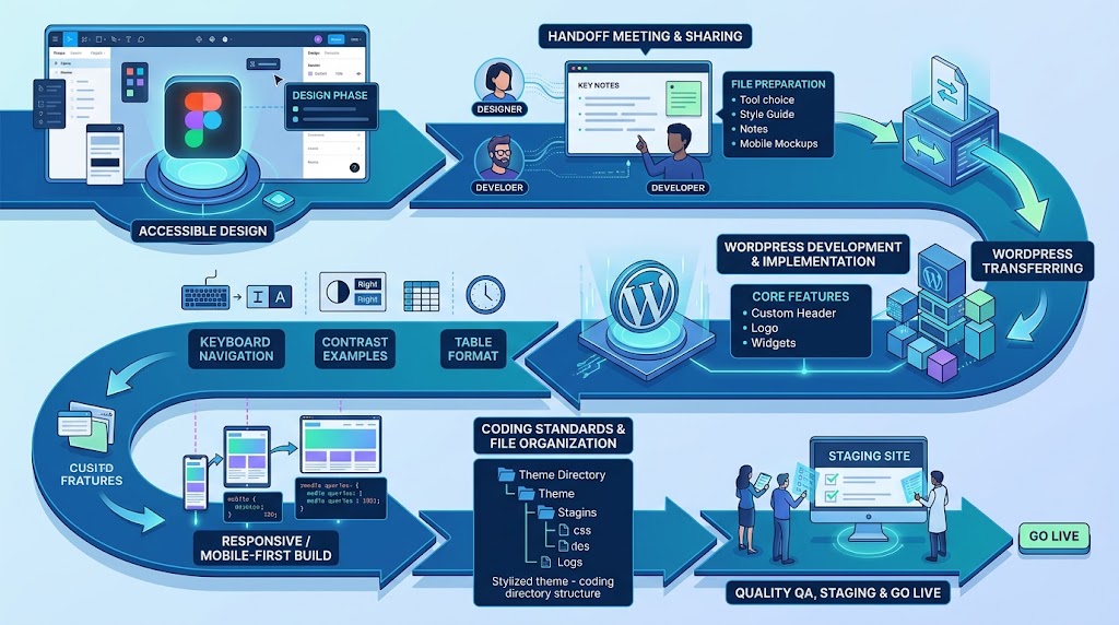 An isometric infographic showing the design handoff workflow from Figma to WordPress, including phases for design, handoff meeting, development, coding standards, mobile responsiveness, staging QA, and going live.