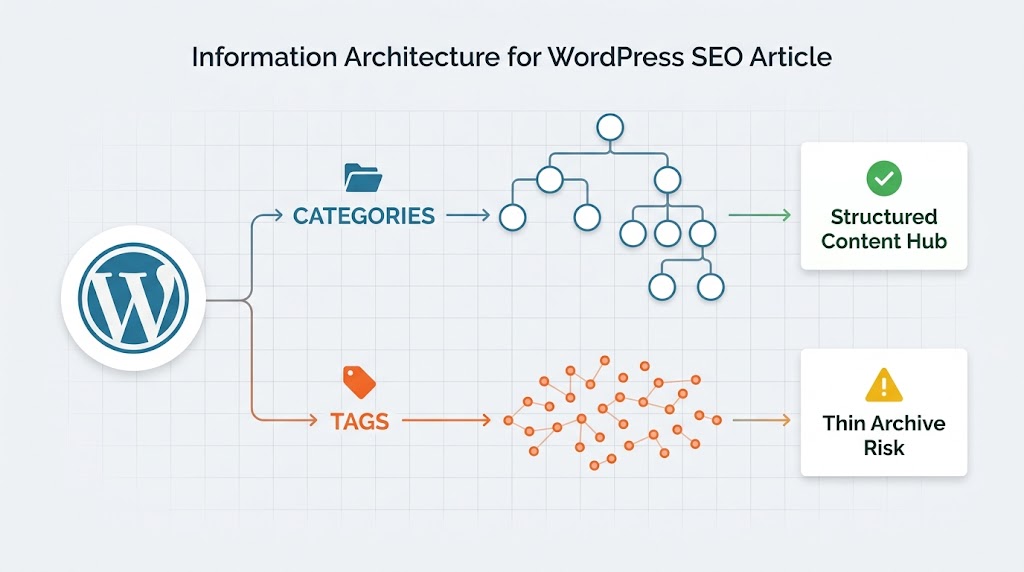A diagram showing the WordPress logo branching into two paths: Categories leading to a structured hierarchical tree and a green checkmark for "Structured Content Hub," and Tags leading to a messy, flat network of nodes and a yellow warning sign for "Thin Archive Risk."
