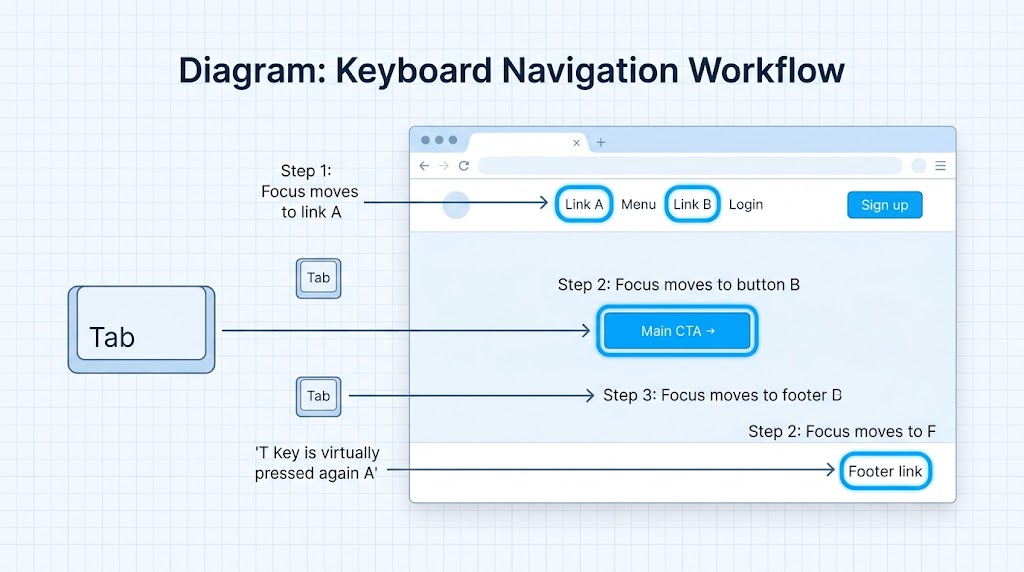 Keyboard navigation workflow diagram showing focus moving from link A to button B to footer D, ensuring all interactive elements are reachable via Tab.