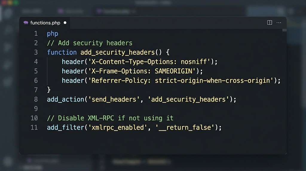 functions.php security headers and XML-RPC disable.