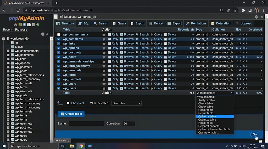 phpMyAdmin Optimize Tables Screenshot.