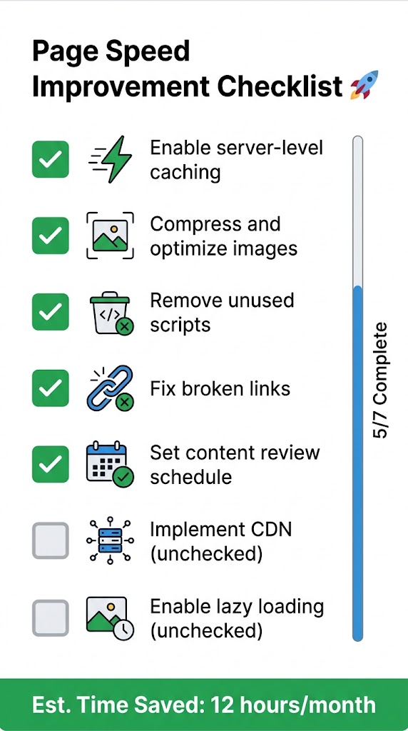 Page Speed Improvement Checklist showing five of seven tasks complete with an estimated 12 hours saved per month.