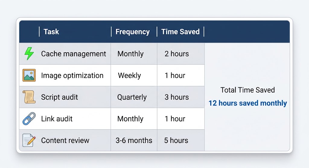 Table listing cache management monthly 2 hours, image optimization weekly 1 hour, script audit quarterly 3 hours, link audit monthly 1 hour and content review every 3 to 6 months 5 hours, for a total of 12 hours saved monthly.