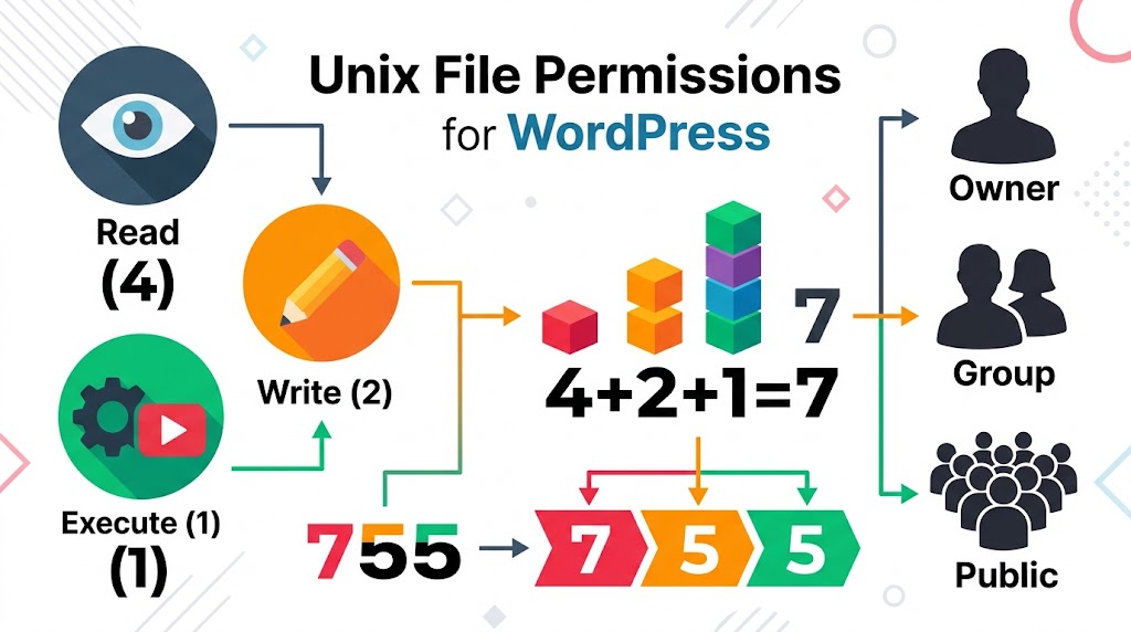Unix file permissions for WordPress: read (4), write (2), execute (1) and how 755 is calculated for owner, group and public.