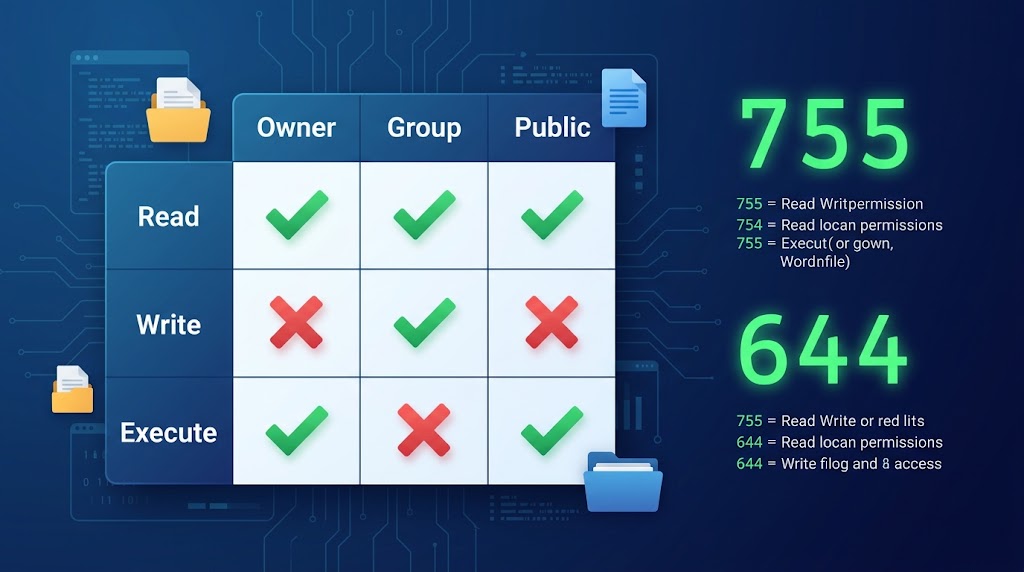 Infographic showing a permission matrix for Owner, Group, and Public across Read, Write, and Execute actions, with green checks and red crosses, alongside the numeric values 755 and 644 representing read, write, and execute permissions for WordPress files.