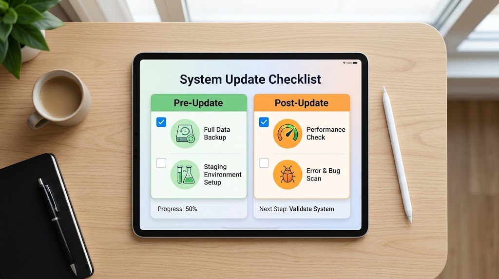System Update Checklist - Pre-Update and Post-Update tasks on a tablet.