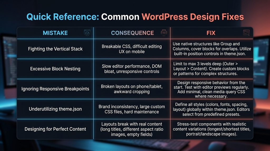 Quick reference table of common WordPress design fixes.