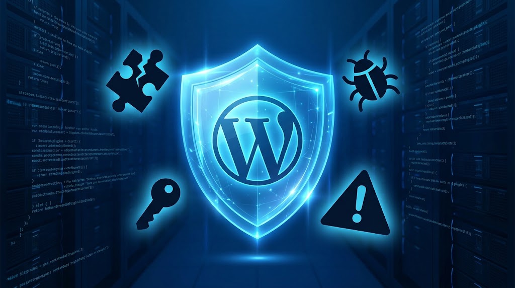 A glowing WordPress shield in the center of a digital server room, surrounded by threat icons including a puzzle piece, a key, a bug, and a warning triangle.