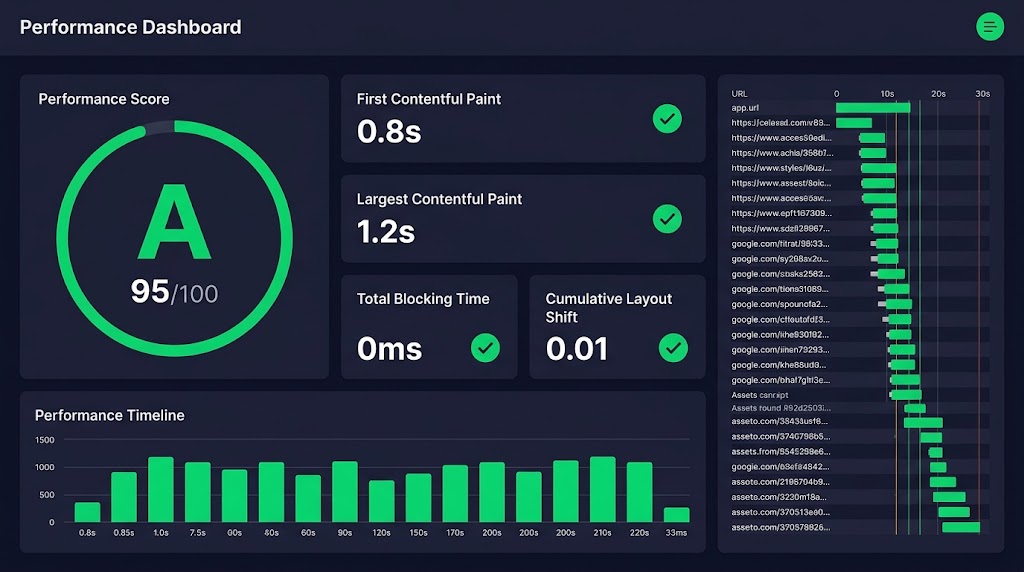 A performance dashboard showing a grade of A (95/100), good Core Web Vitals scores including an LCP of 1.2s and CLS of 0.01, a performance timeline bar chart, and a waterfall chart of loading website assets.