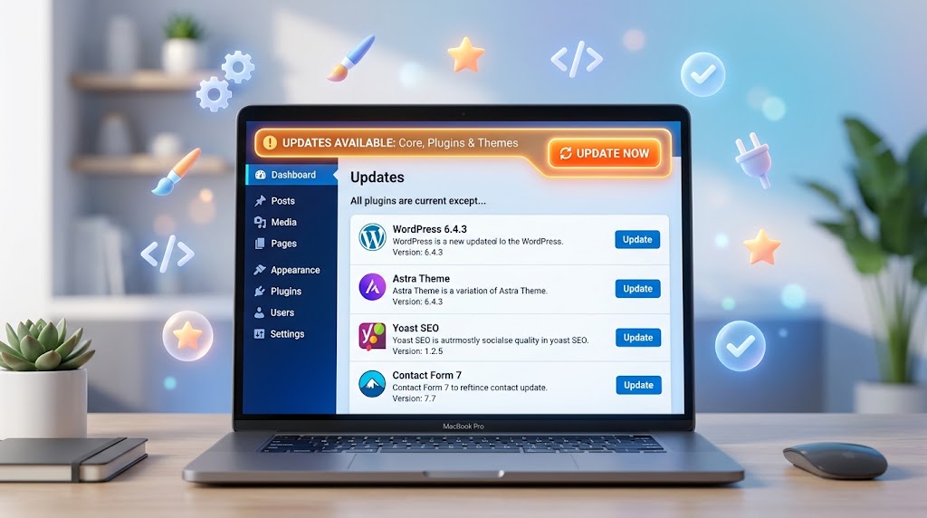 A laptop displaying the WordPress updates dashboard with a notification for available core, theme, and plugin updates, surrounded by floating icons of a paintbrush, gears, and checkmarks.